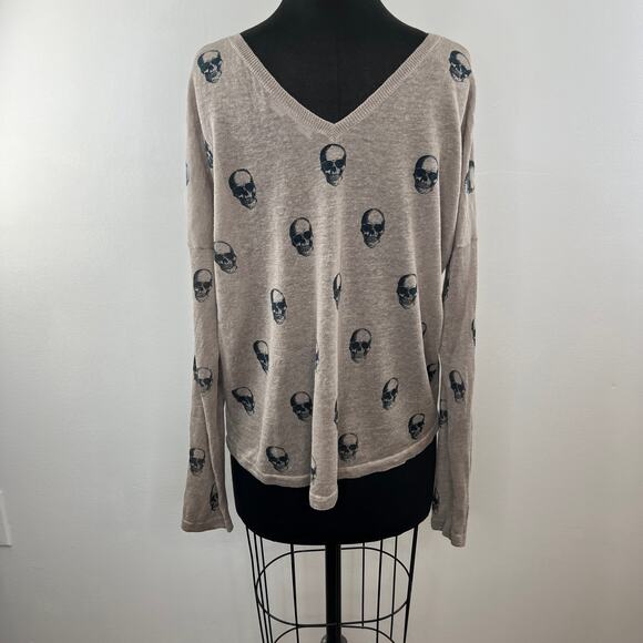 SKULL Cashmere Beige Black V-Neckline Long Sleeve Linen Pullover Sweater Size M - Picture 4 of 7